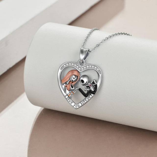 Sterling Silver Cubic Zirconia Couple & Heart Pendant Necklace with Engraved Word-3