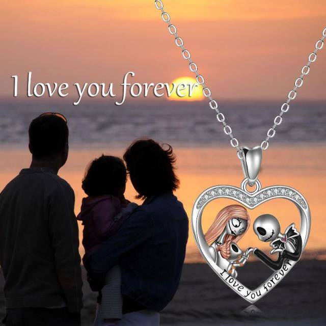 Sterling Silver Cubic Zirconia Couple & Heart Pendant Necklace with Engraved Word-2