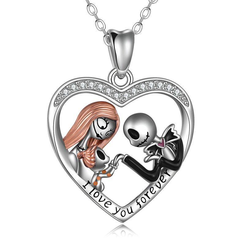 Sterling Silver Cubic Zirconia Couple & Heart Pendant Necklace with Engraved Word