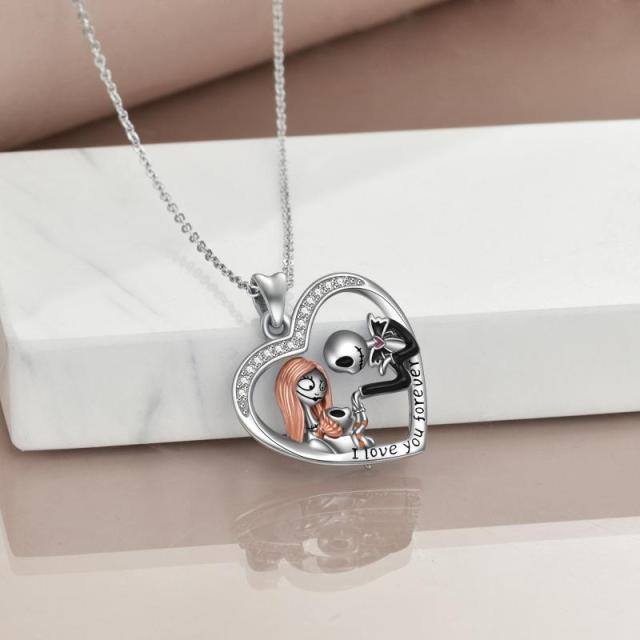 Sterling Silver Cubic Zirconia Couple & Heart Pendant Necklace with Engraved Word-4