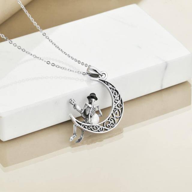 Sterling Silver Guitar & Moon & Skull Pendant Necklace-3