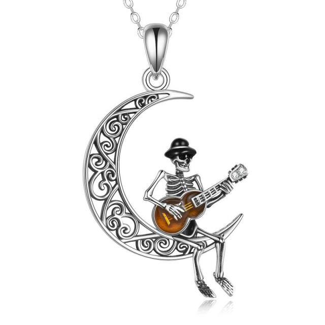 Sterling Silver Guitar & Moon & Skull Pendant Necklace-0
