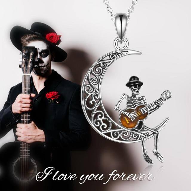 Sterling Silber Gitarre & Mond & Totenkopf Anhänger Halskette-5