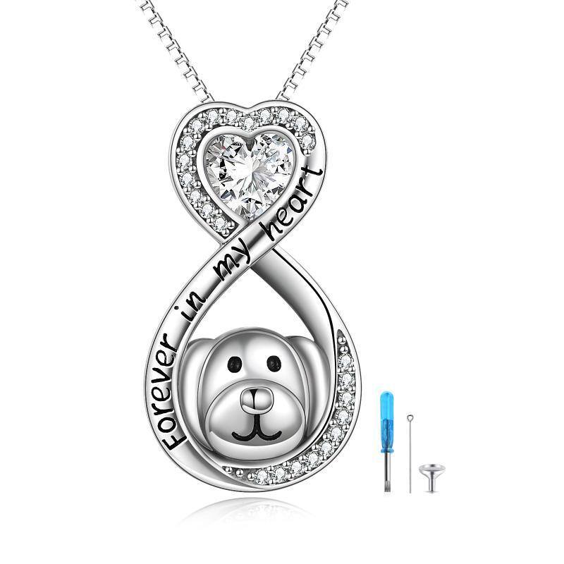 Sterling Silver Circular Shaped & Heart Shaped Cubic Zirconia Dog & Infinity Symbol Urn Necklace for Ashes with Engraved Word-1