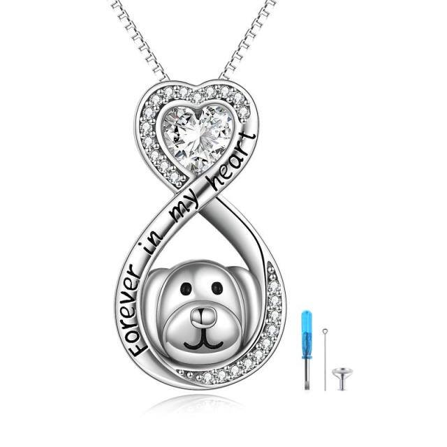 Sterling Silver Circular Shaped & Heart Shaped Cubic Zirconia Dog & Infinity Symbol Urn Necklace for Ashes with Engraved Word-0