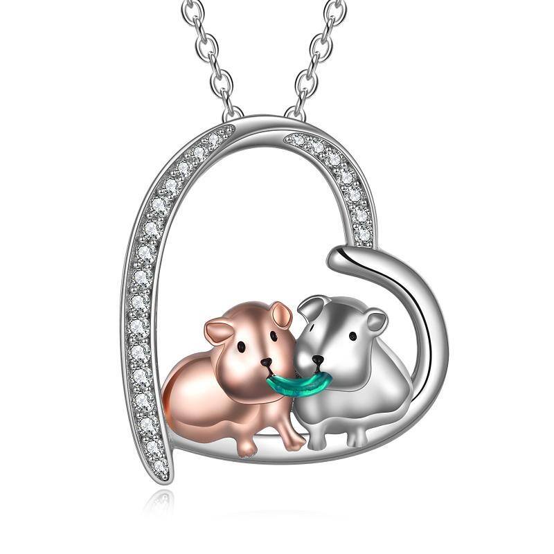 Sterling Silver Two-tone Round Cubic Zirconia Guinea Pig & Heart Pendant Necklace-1