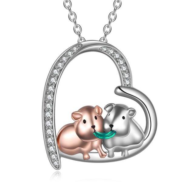 Sterling Silver Two-tone Round Cubic Zirconia Guinea Pig & Heart Pendant Necklace-0