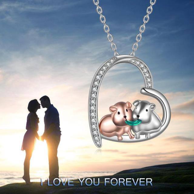 Sterling Silver Two-tone Round Cubic Zirconia Guinea Pig & Heart Pendant Necklace-2