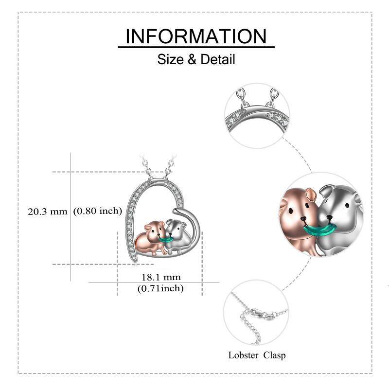 Halskette mit zweifarbigem, rundem Meerschweinchen-Herzanhänger aus Sterlingsilber mit Zirkonia-5