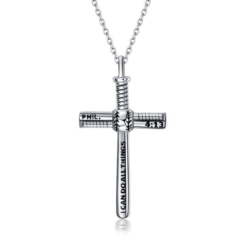 Sterling Silver Baseball & Cross Pendant Necklace with Engraved Word-1