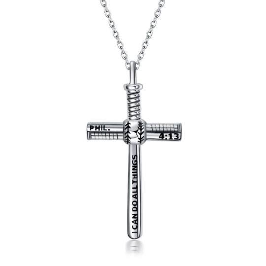 Sterling Silver Baseball & Cross Pendant Necklace with Engraved Word
