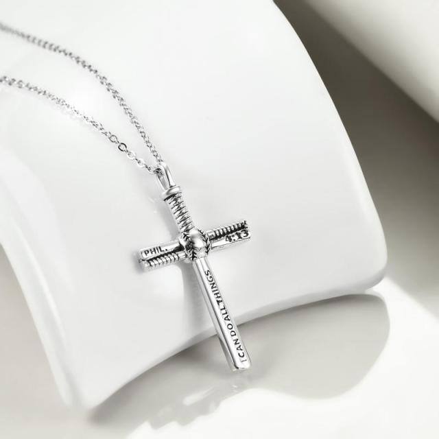 Sterling Silver Baseball & Cross Pendant Necklace with Engraved Word-4