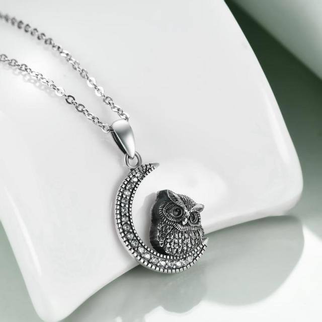 Sterling Silver Circular Shaped Cubic Zirconia Owl & Moon Urn Necklace for Ashes-3