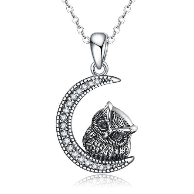 Sterling Silver Circular Shaped Cubic Zirconia Owl & Moon Urn Necklace for Ashes-1