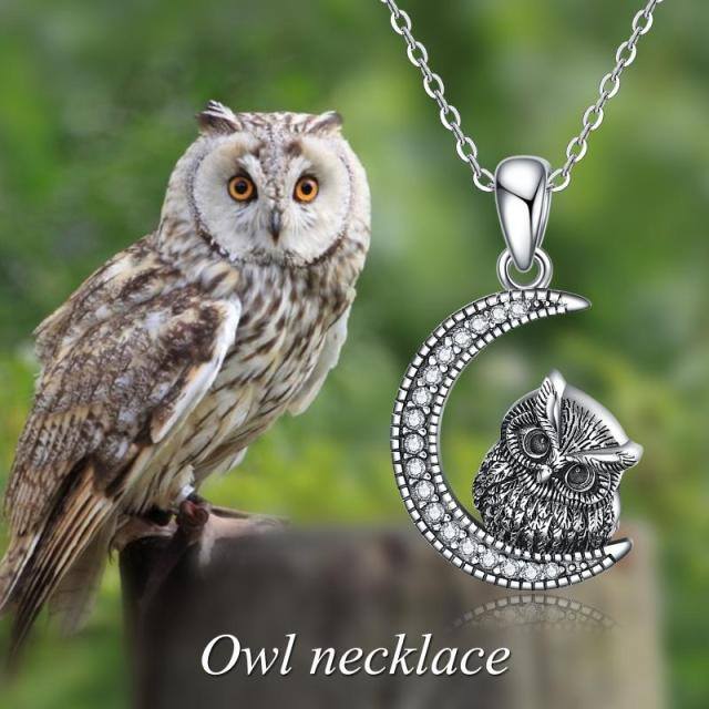 Sterling Silver Circular Shaped Cubic Zirconia Owl & Moon Urn Necklace for Ashes-2
