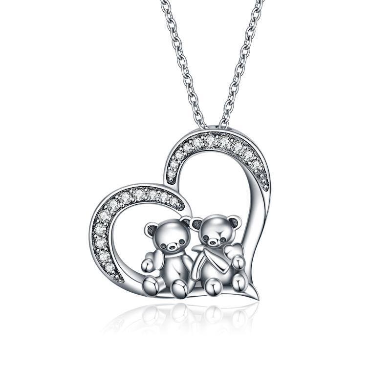 Sterling Silver Bear & Heart Pendant Necklace-1