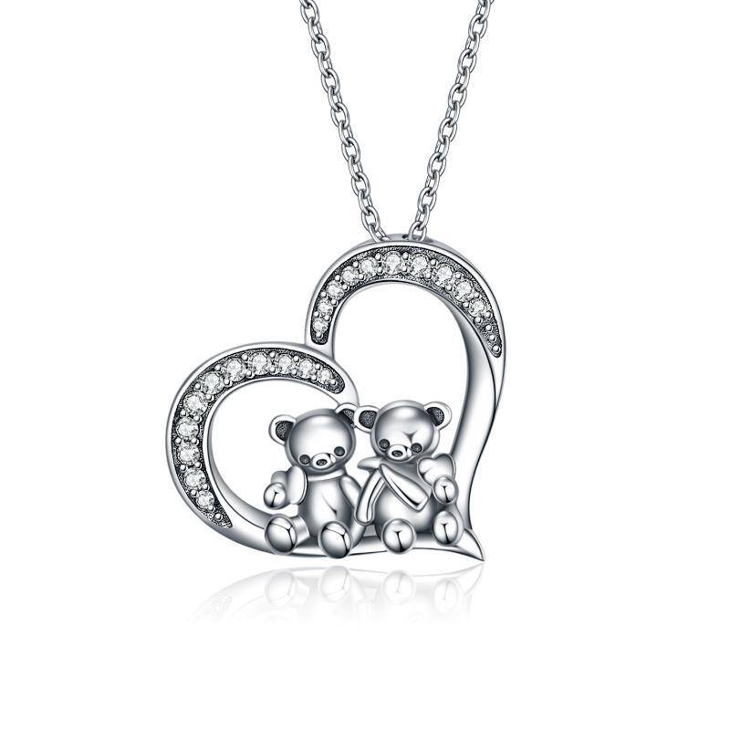 Collier en argent sterling avec pendentif ours et coeur-1