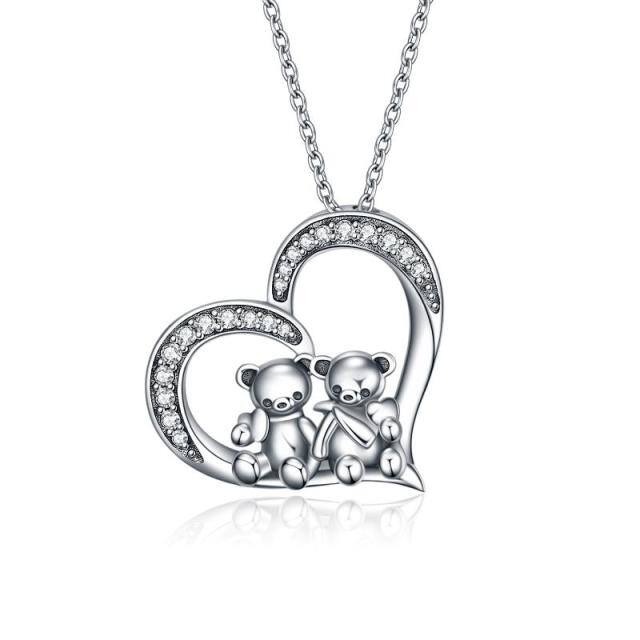 Sterling Silver Bear & Heart Pendant Necklace-5