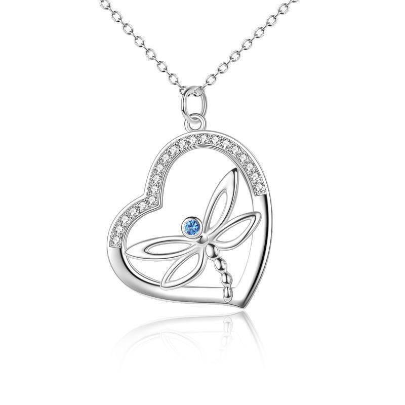 Sterling Silver Circular Shaped Cubic Zirconia Dragonfly & Heart Pendant Necklace-1