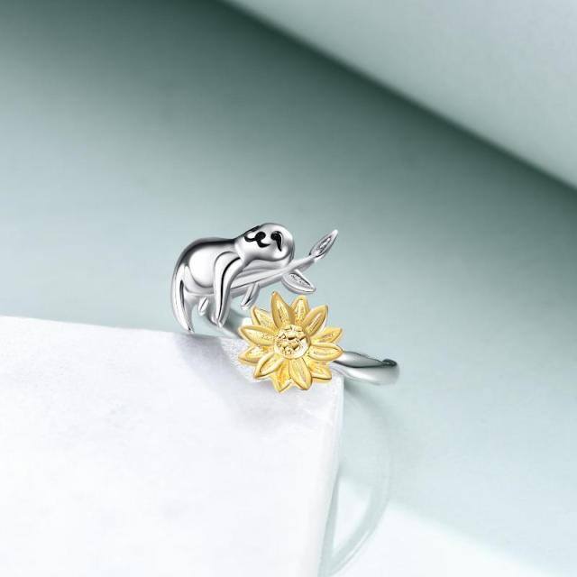 Sterling Silver Two-tone Sloth & Sunflower Open Ring-1
