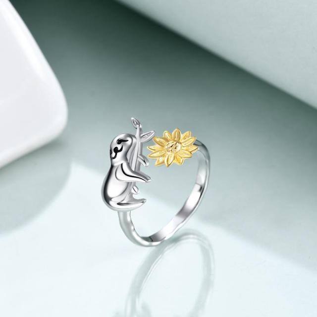 Sterling Silver Two-tone Sloth & Sunflower Open Ring-2