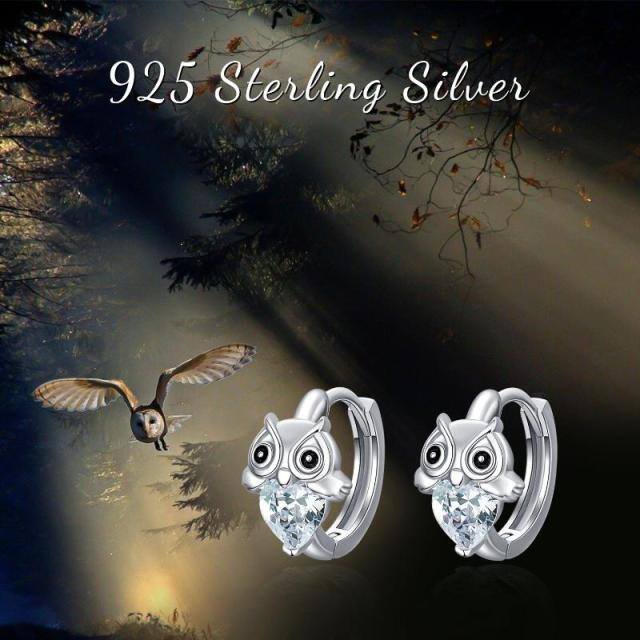 Sterling Silver Heart Shaped Cubic Zirconia Owl Hoop Earrings-3