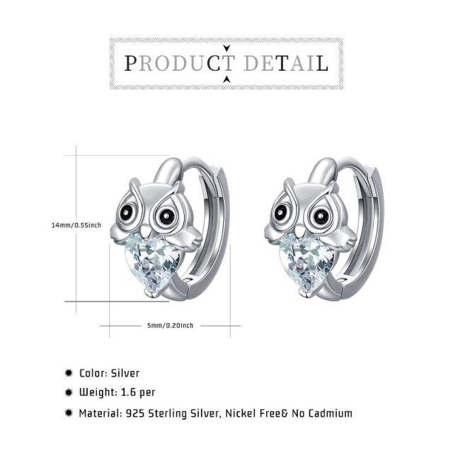 Sterling Silver Heart Shaped Cubic Zirconia Owl Hoop Earrings-4