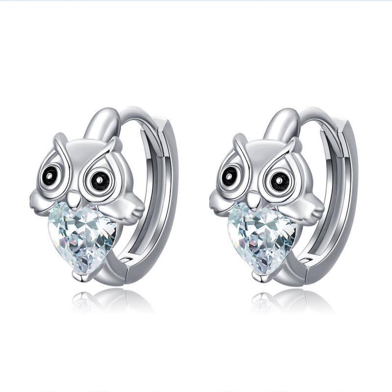 Sterling Silver Heart Shaped Cubic Zirconia Owl Hoop Earrings-1