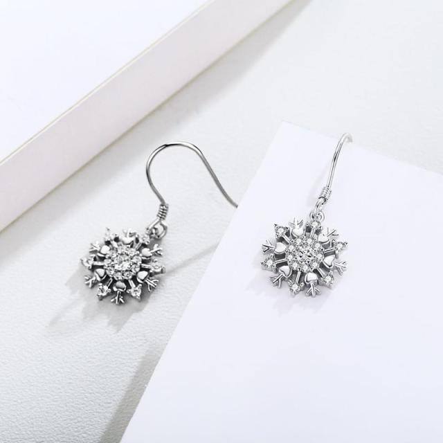 Sterling Silver Circular Shaped & Heart Shaped Cubic Zirconia Snowflake Drop Earrings-2