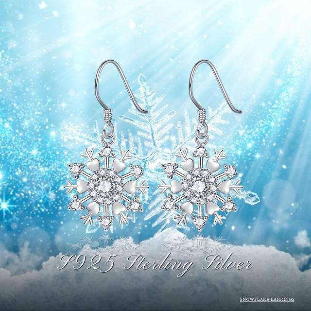 Sterling Silver Circular Shaped & Heart Shaped Cubic Zirconia Snowflake Drop Earrings-3