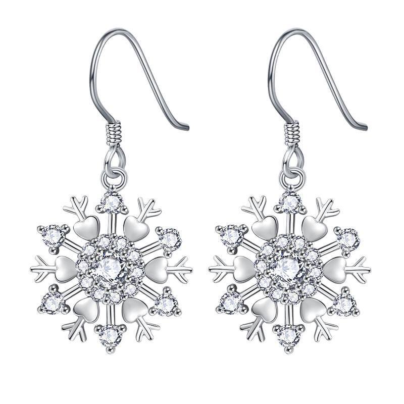 Sterling Silver Circular Shaped & Heart Shaped Cubic Zirconia Snowflake Drop Earrings-1