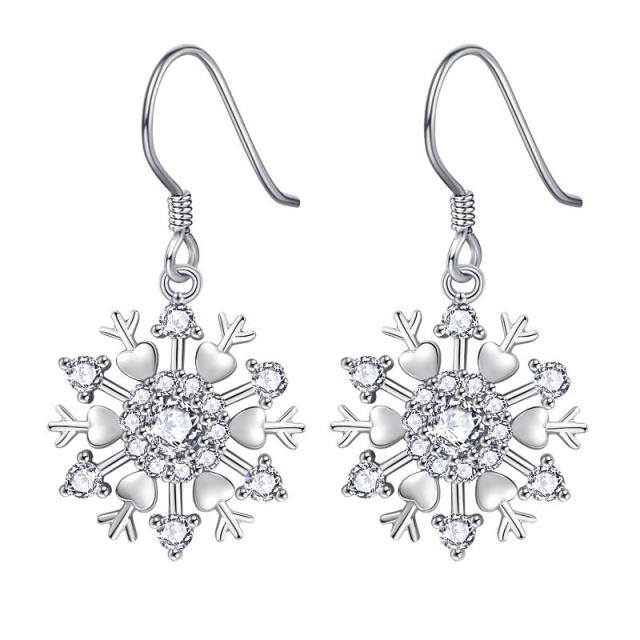 Sterling Silver Circular Shaped & Heart Shaped Cubic Zirconia Snowflake Drop Earrings-0