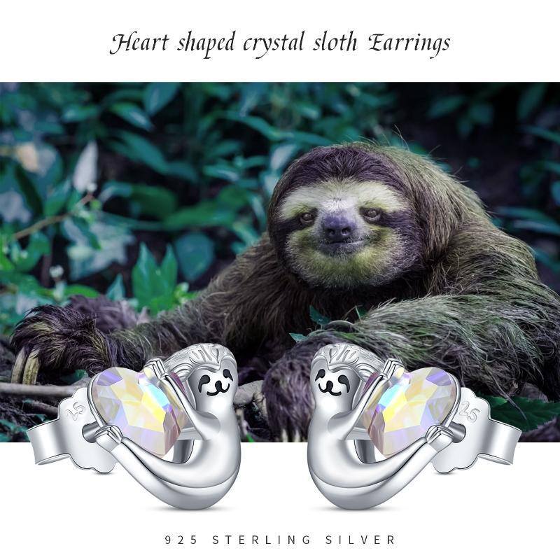 Sterling Silver Heart Shaped Crystal Sloth Stud Earrings-7