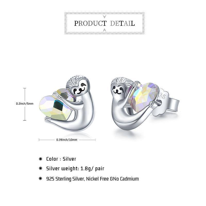 Sterling Silver Heart Shaped Crystal Sloth Stud Earrings-6