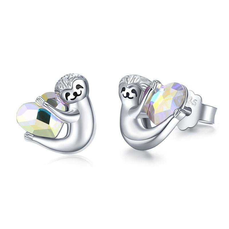 Sterling Silver Heart Shaped Crystal Sloth Stud Earrings-1