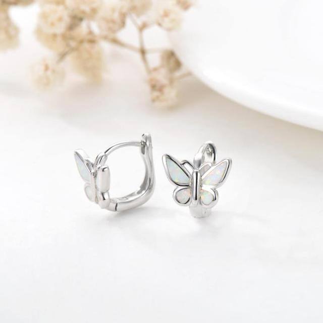 Sterling Silver Opal Butterfly Hoop Earrings-5