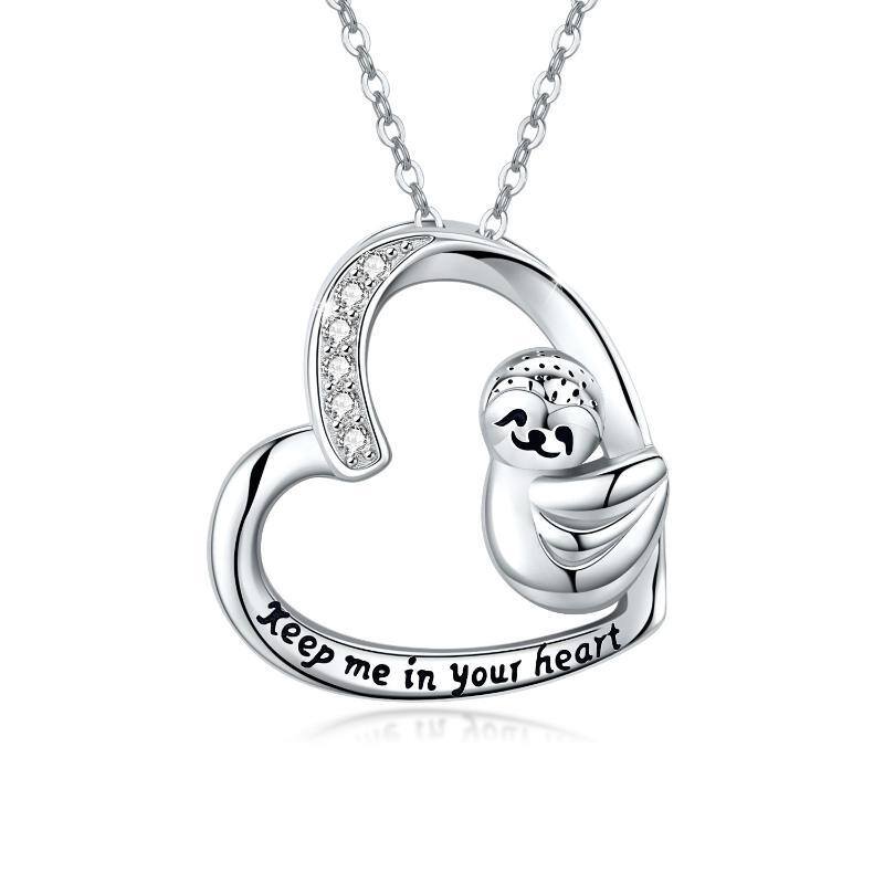 Sterling Silver Cubic Zirconia Sloth Heart Pendant Necklace Engraved Keep Me in Your Heart-1