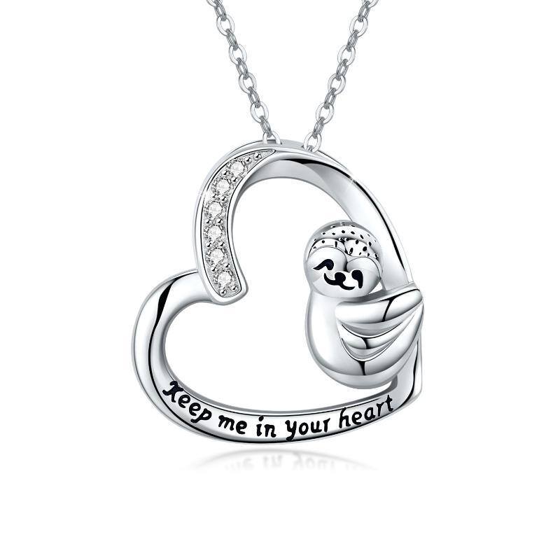 Sterling Silber Cubic Zirkonia Faultier Herz Anhänger Halskette graviert Keep Me in Your Heart-1