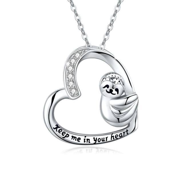 Sterling Silber Cubic Zirkonia Faultier Herz Anhänger Halskette graviert Keep Me in Your Heart-0