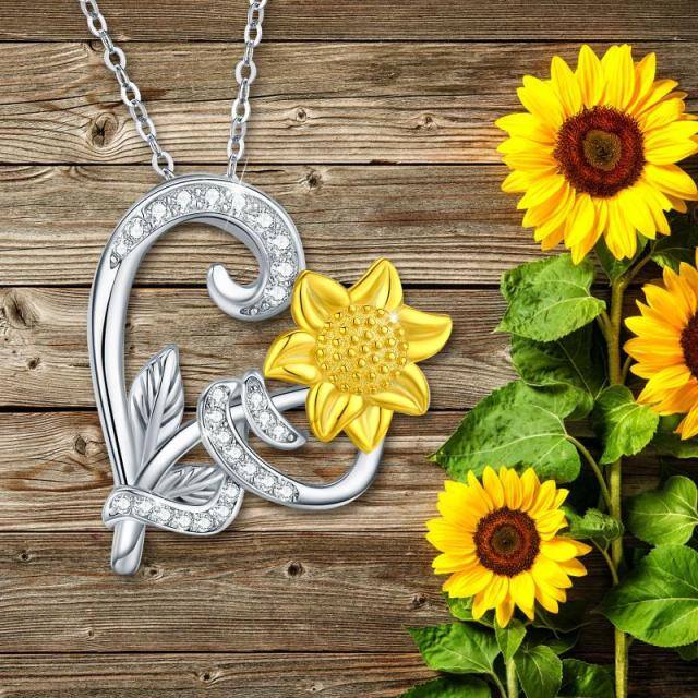 Sterling Silver Two-tone Circular Shaped Cubic Zirconia Sunflower & Heart Pendant Necklace-5