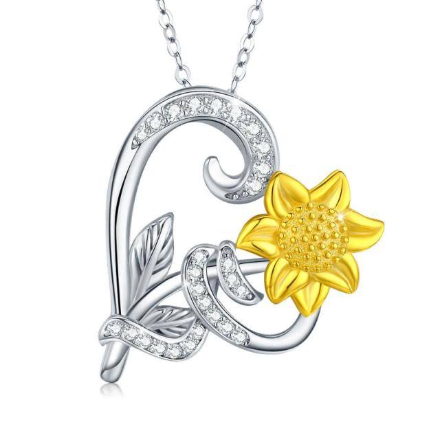 Sterling Silver Two-tone Circular Shaped Cubic Zirconia Sunflower & Heart Pendant Necklace-0