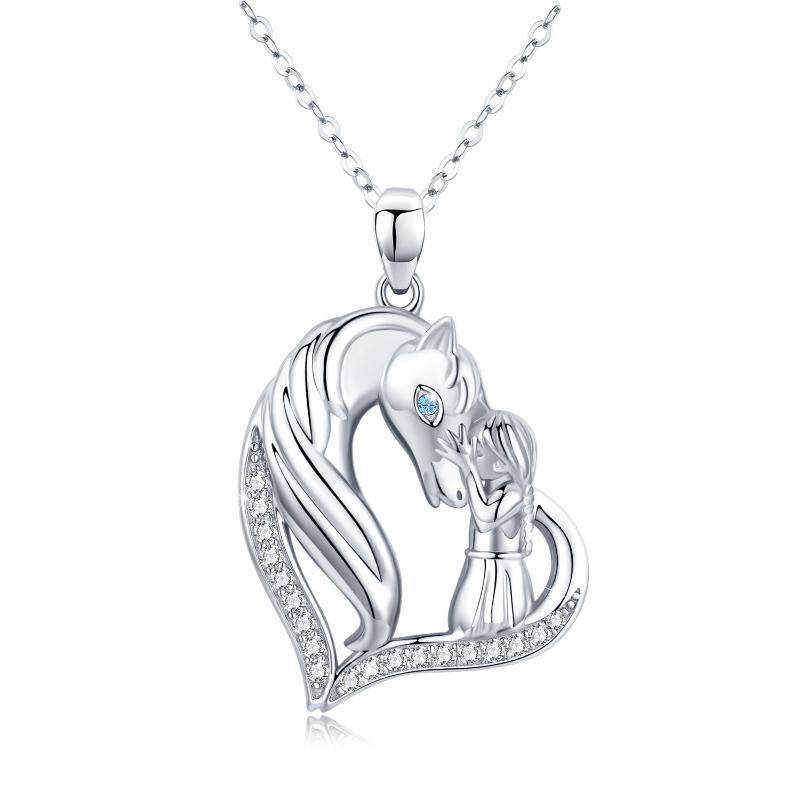 Sterling Silber Cubic Zirkonia Pferd & Mädchen Herz-Anhänger Halskette-1