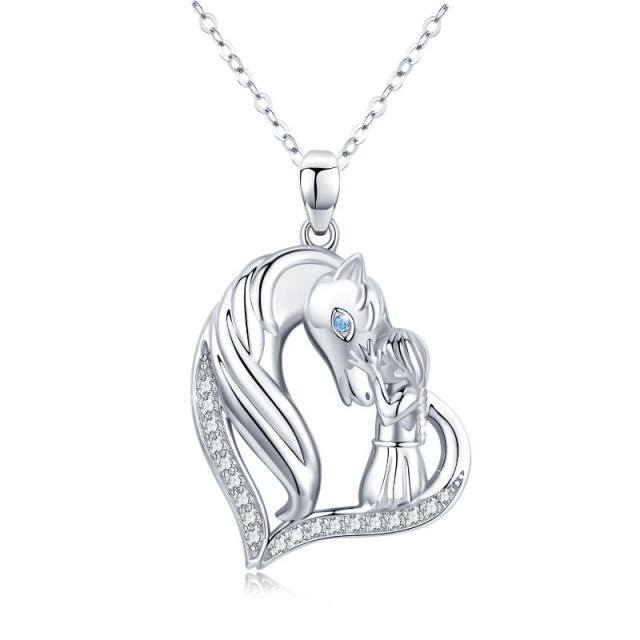 Sterling Silver Cubic Zirconia Horse & Girl Heart Pendant Necklace-0