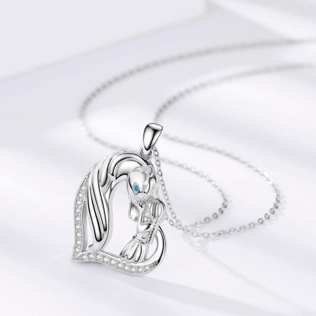 Sterling Silver Cubic Zirconia Horse & Girl Heart Pendant Necklace-3