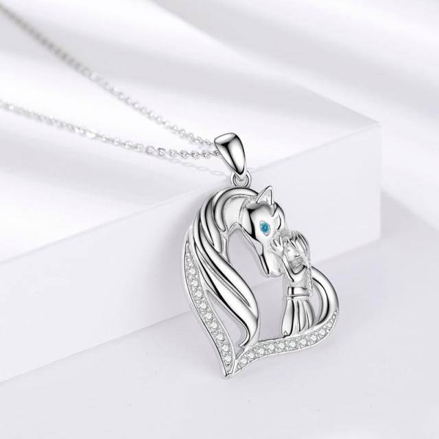 Sterling Silver Cubic Zirconia Horse & Girl Heart Pendant Necklace-4