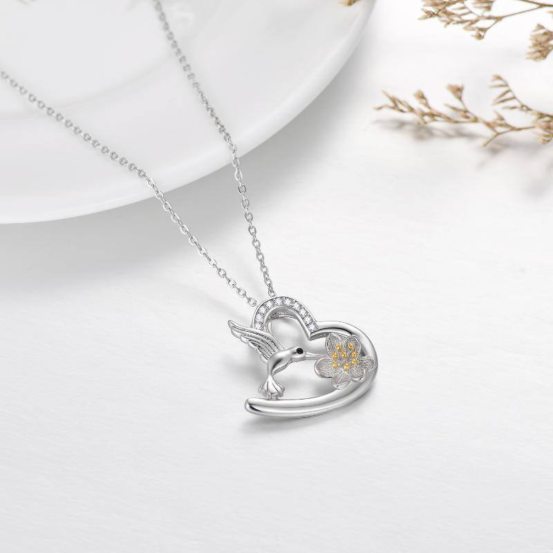 Sterling Silver Cubic Zirconia Hummingbird & Lotus Pendant Necklace-5