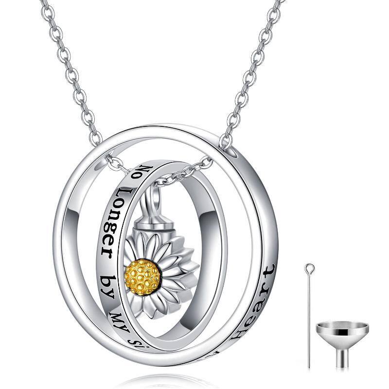 Sterling Silver Two-tone Sunflower Rotatable Circle Urn Necklace for Ashes with Engraved Word-1