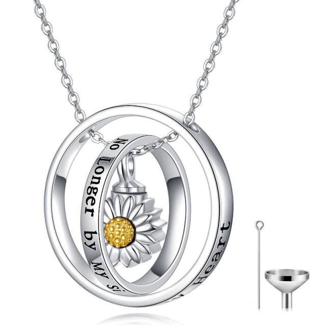 Sterling Silber zweifarbig Sonnenblume drehbaren Kreis Urne Halskette für Asche mit eingraviertem Wort-0