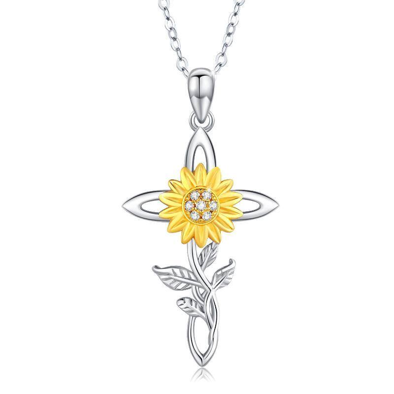 Sterling Silver Two-tone Cubic Zirconia Sunflower & Cross Pendant Necklace-1