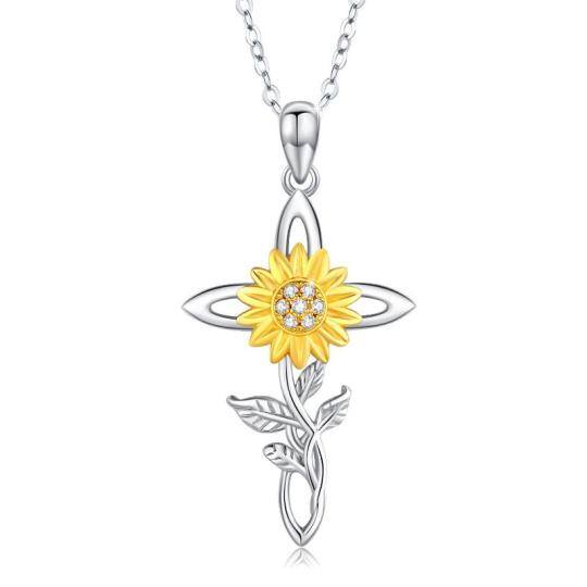 Sterling Silver Two-tone Cubic Zirconia Sunflower & Cross Pendant Necklace